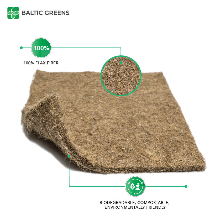 Flax fiber growing mat benefits: 100% flax fiber, biodegradable, compostable, environmentally friendly
